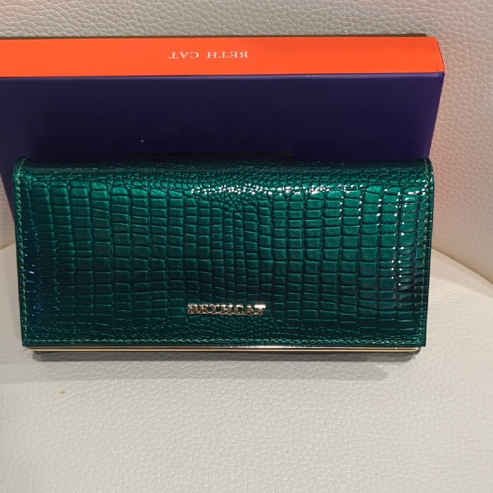 Green Crocodile Embossed Wallet with Gold Accents